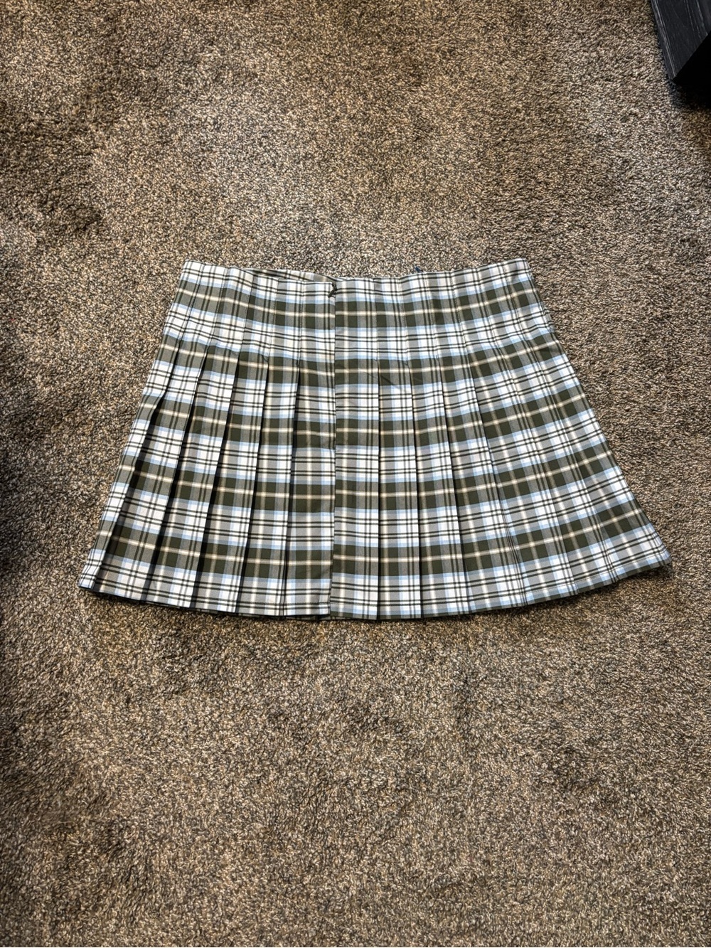 Olive and White Plaid Pleated Skirt